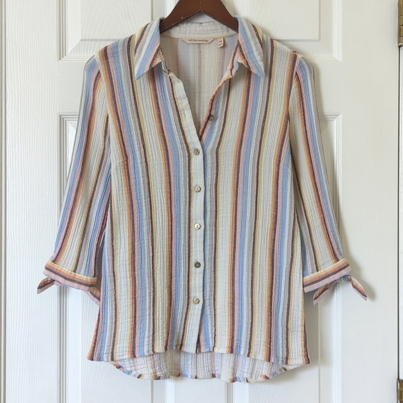 Soft Surroundings Colorful Striped Gauze Tied Quarter Sleeve Button Down Top XSP - Picture 1 of 10